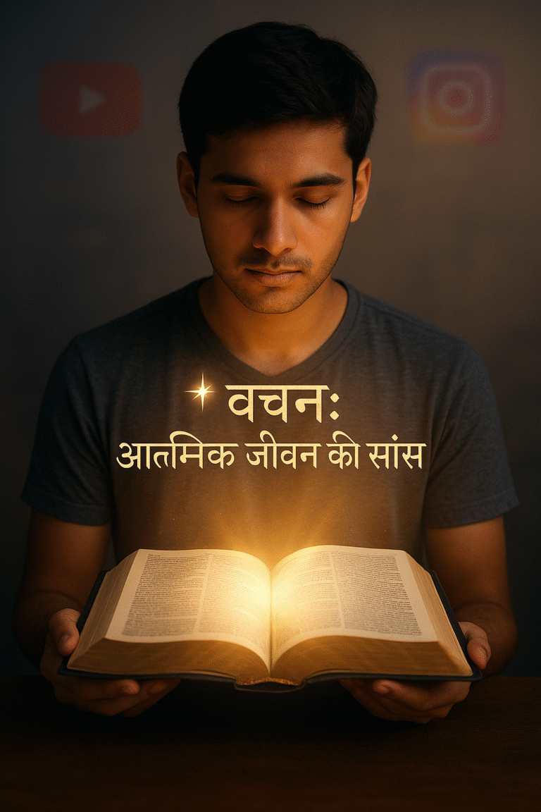 एक युवा व्यक्ति बाइबल पढ़ते हुए, जिसके चेहरे पर शांति और गहराई है, पीछे सोशल मीडिया के प्रतीक और चमकते शब्द: 'वचन: आत्मिक जीवन की साँस'।